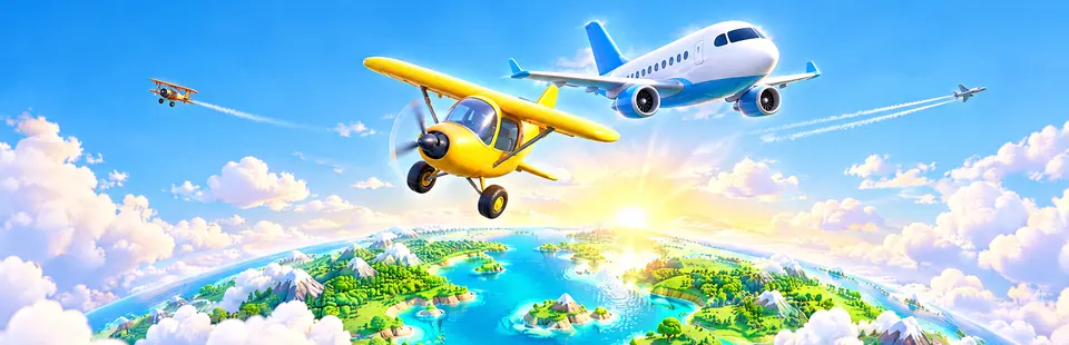 Wide key art panorama with several planes over the toy planet