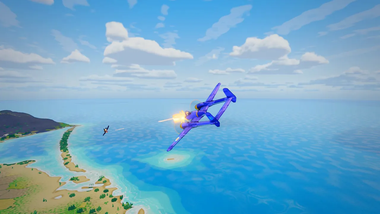 A twin-boom fighter firing over a turquoise lagoon