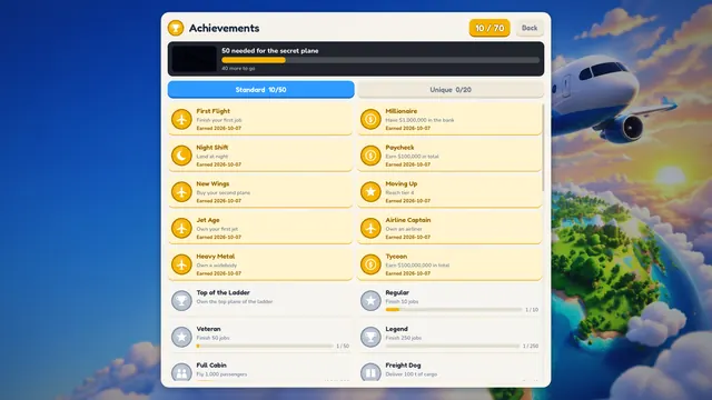 The achievements page with 70 achievements