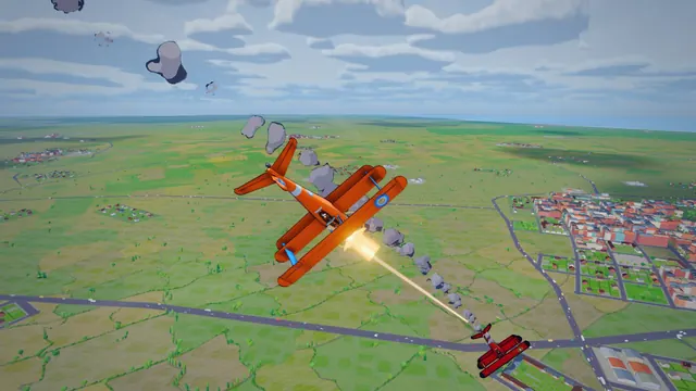 A Legends battle: a biplane firing on a red triplane over farmland