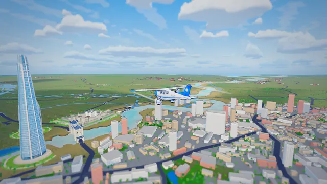 A light aircraft over a riverside city with a glass skyscraper